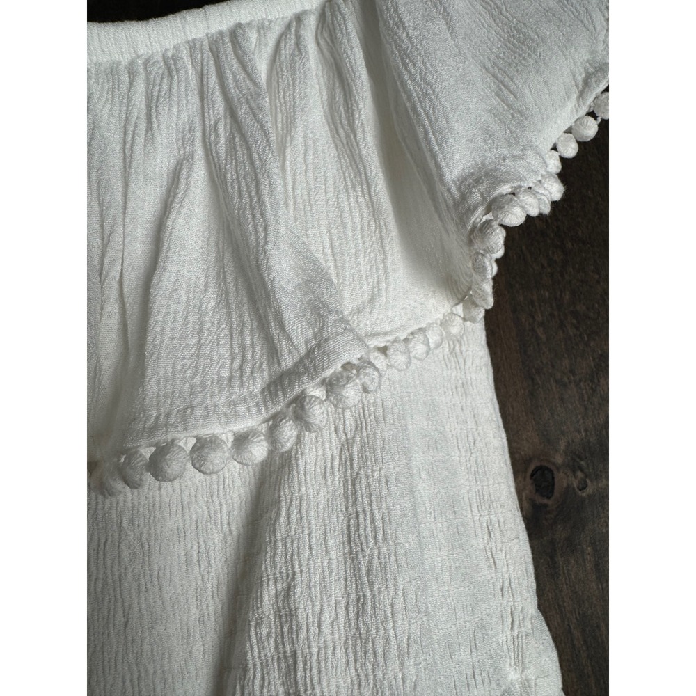 J for Justify White Romper Mini Dress Ruffle Off Shoulder‎ Pom Pom Trim Small - Picture 3 of 8